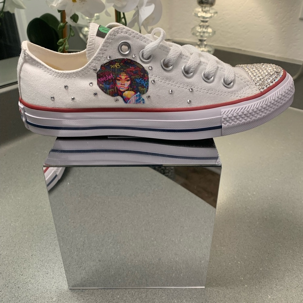 Converse White Sneakers with Rhinestone Toe and Rainbow Detail - Picture 3 of 11